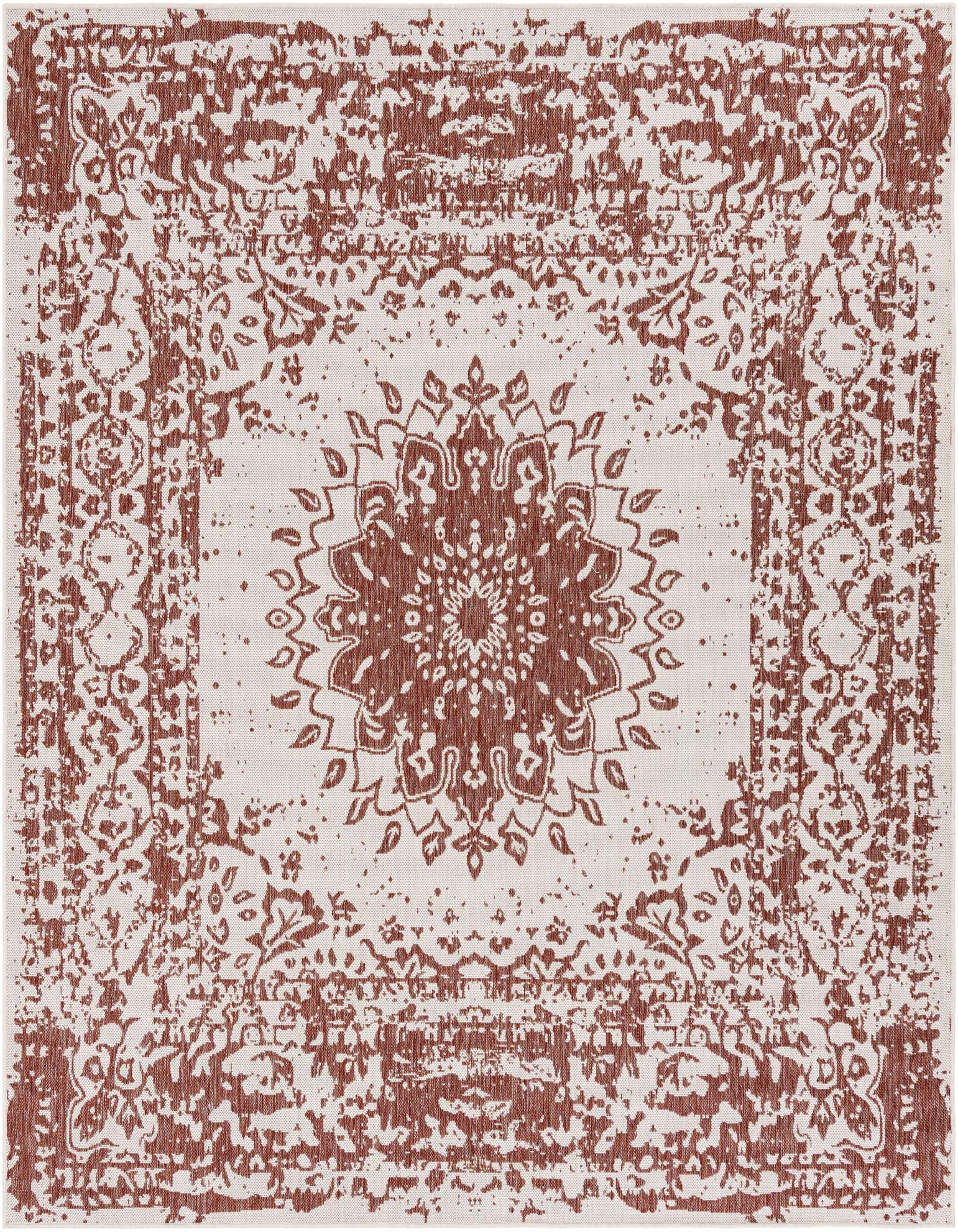 A square 7' 10 x 7' 10 indoor/outdoor rug with a distressed medallion and border pattern in terracotta orange and cream.