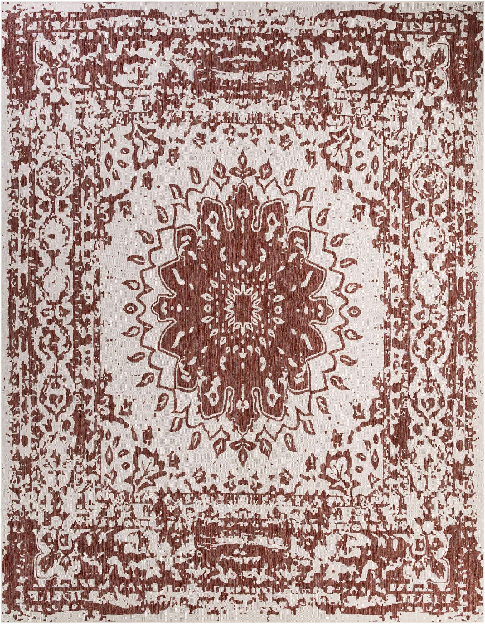 A 13' 0 x 13' 0 square indoor/outdoor rug with a distressed medallion pattern in rust orange and cream.