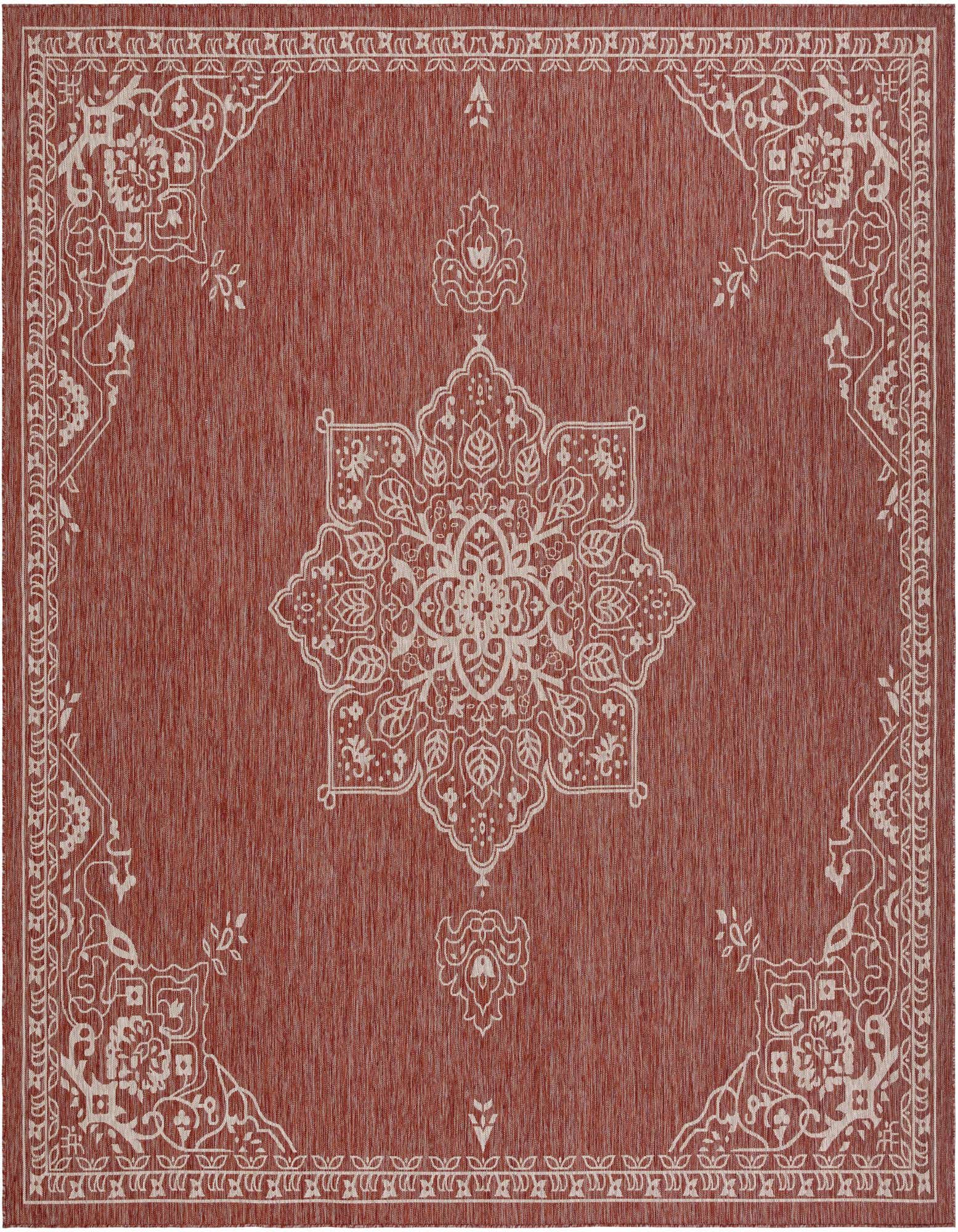 A 13x13 square orange and red traditional outdoor rug with a light beige medallion and corner patterns.