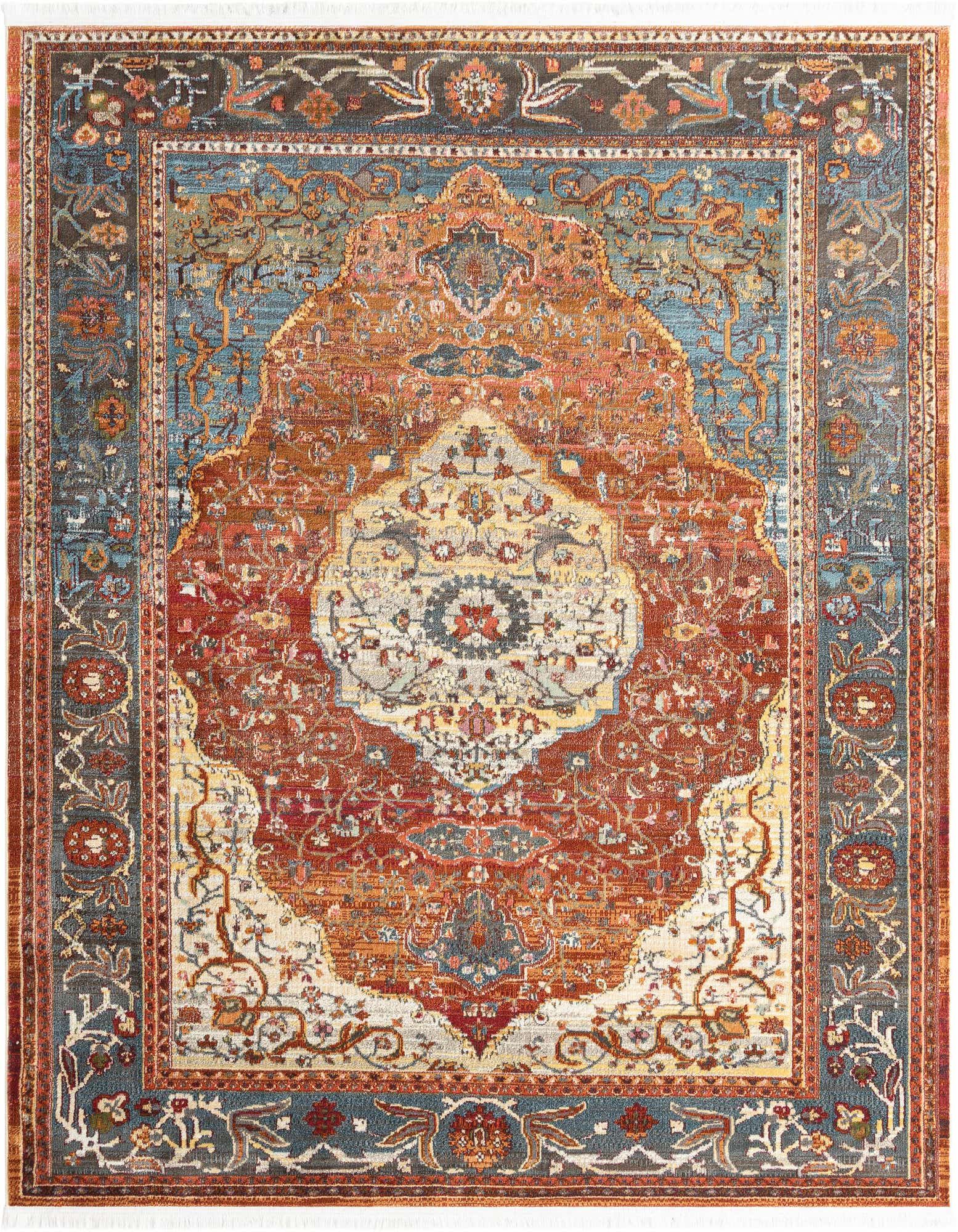 A square Rugs.com Santiago rug, 7' 10 x 7' 10, featuring a distressed medallion pattern in oranges, reds, and blues, with a flat pile.