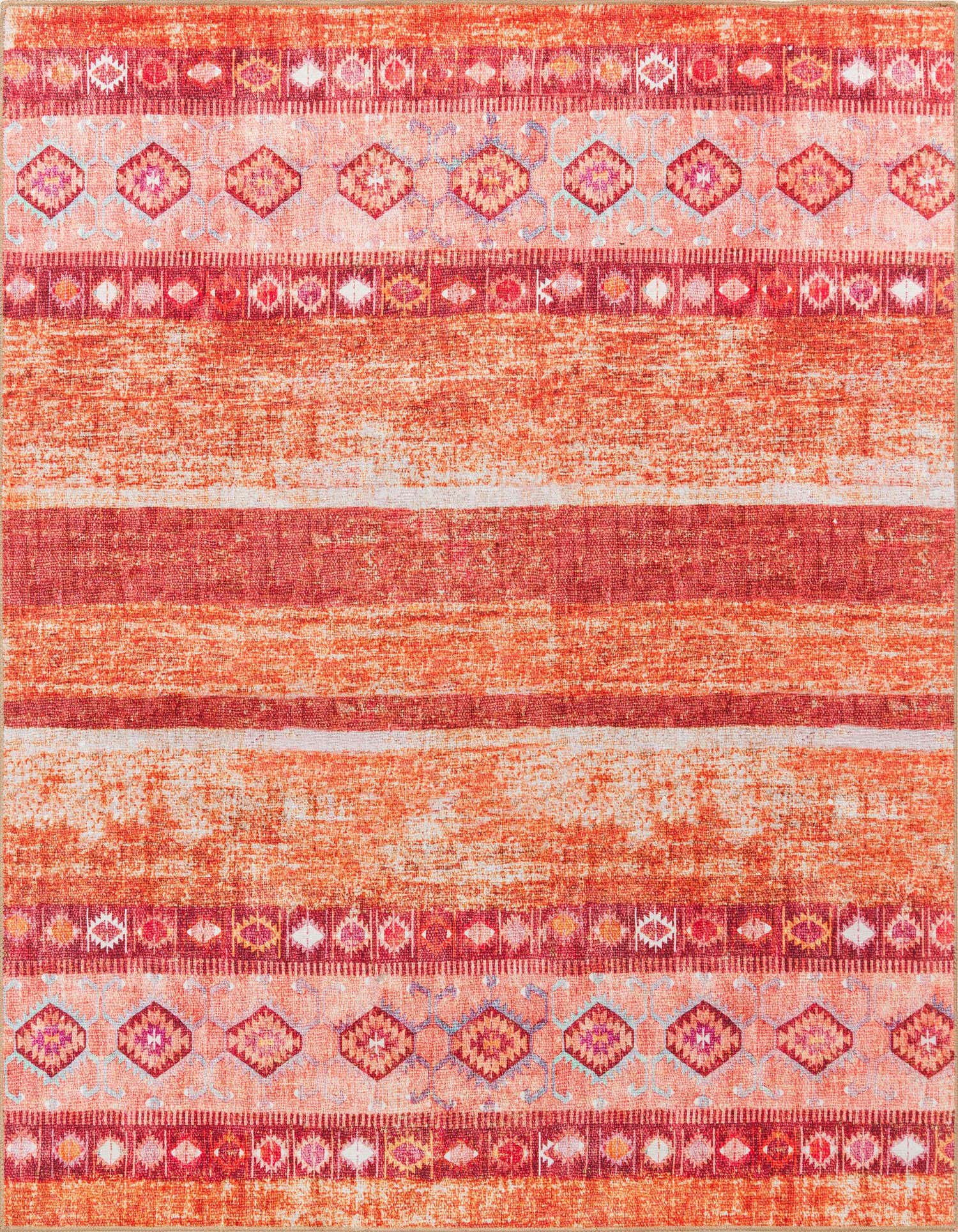 A 7' 6 x 7' 6 square orange and red transitional rug with tribal and stripe patterns.