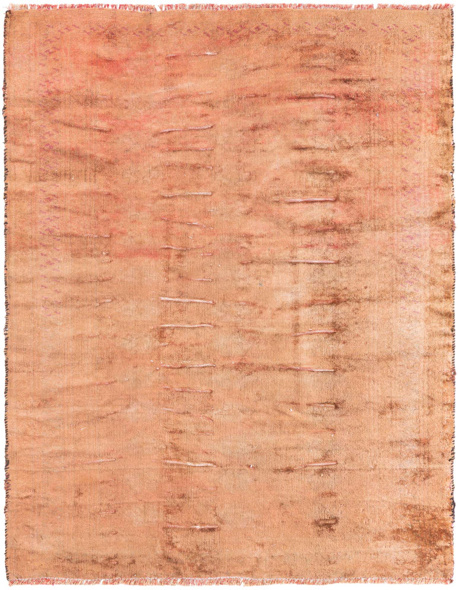 A 3' 7 x 4' 6 square orange and red vintage Persian wool rug with a distressed, faded pattern.