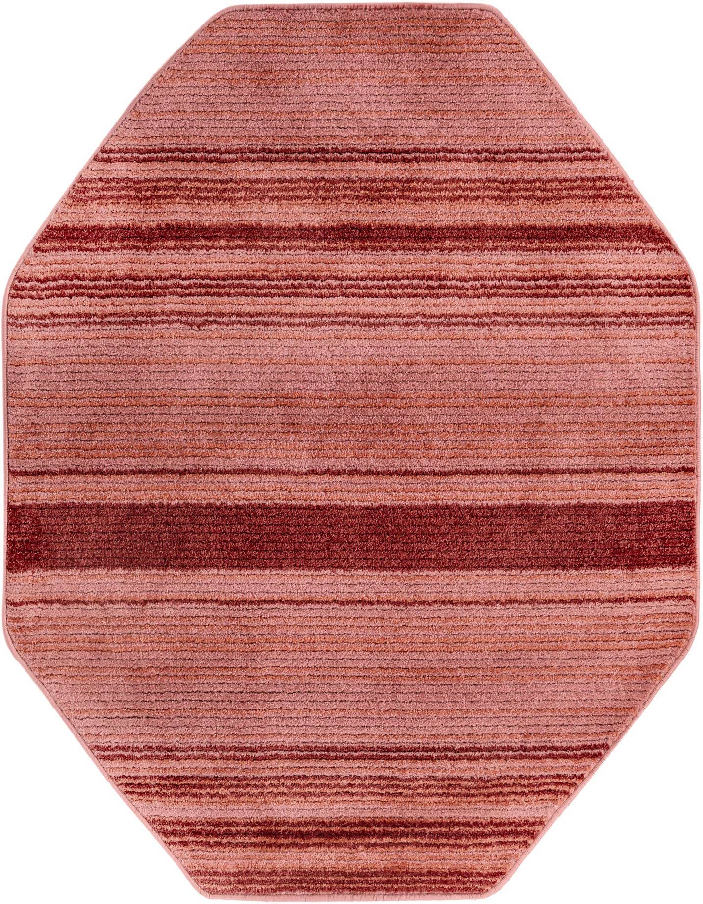 Octagon-shaped pink and red striped modern area rug with a textured, high pile, suitable for indoor use.