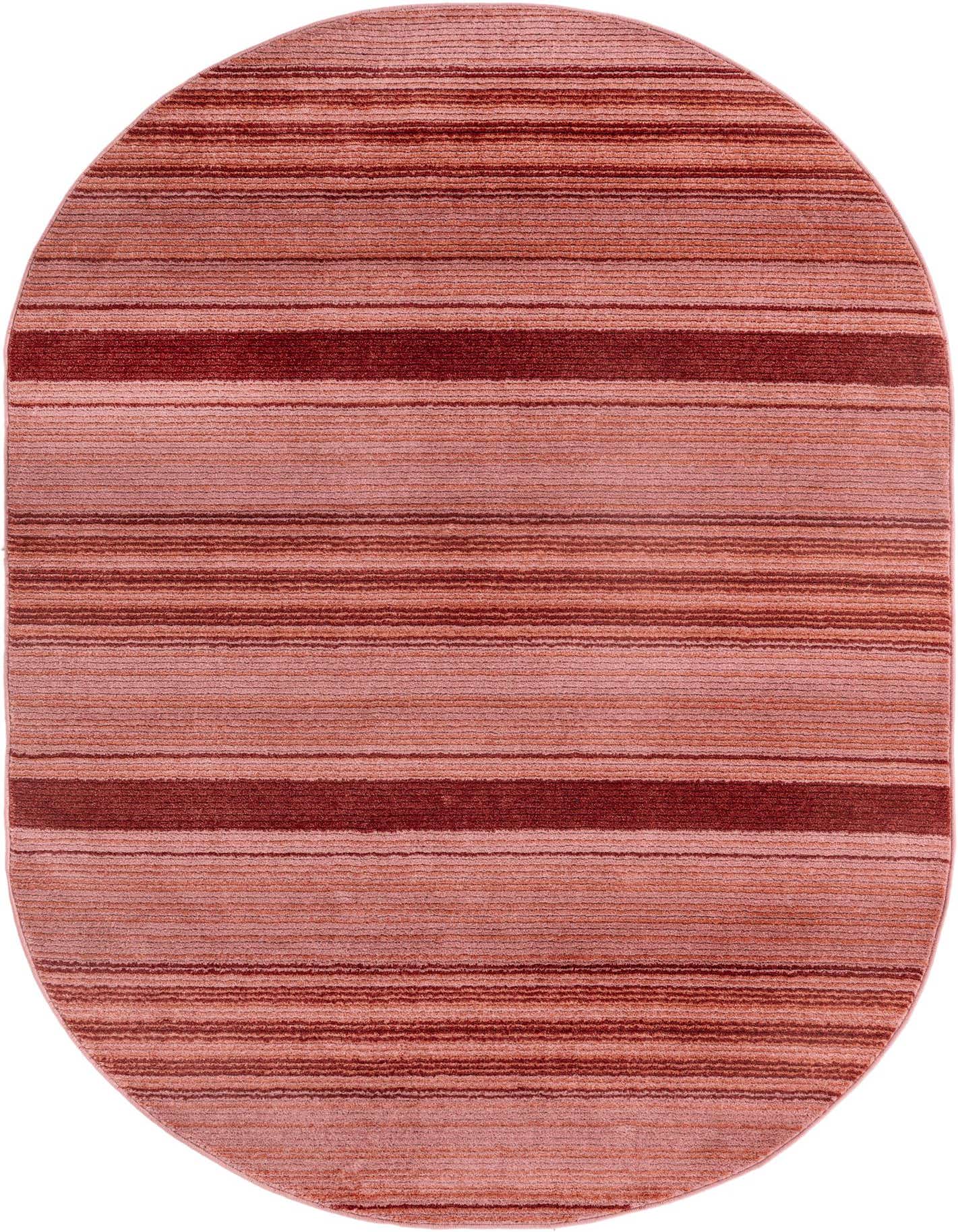 Oval pink and red striped area rug with a textured pile, suitable for indoor living spaces.