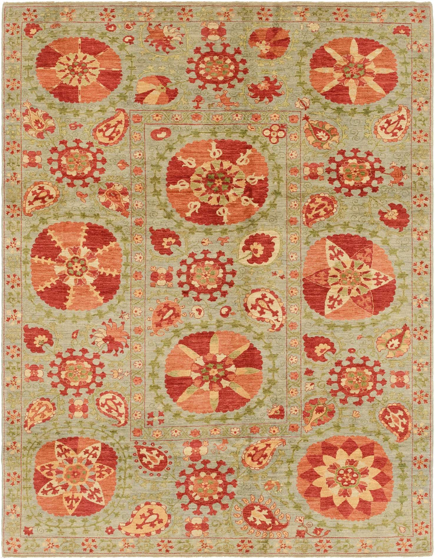 7x10 rectangular Ariana Ziegler rug with a light green background and large red, orange, and cream floral and paisley patterns.