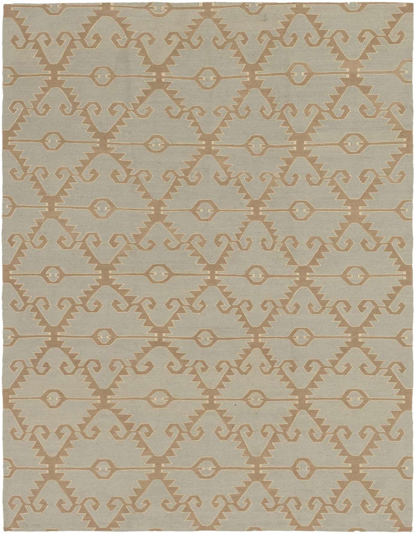 A 6x9 rectangular Kilim Modern rug with a flatweave, featuring a Southwestern tribal pattern in light green and tan.