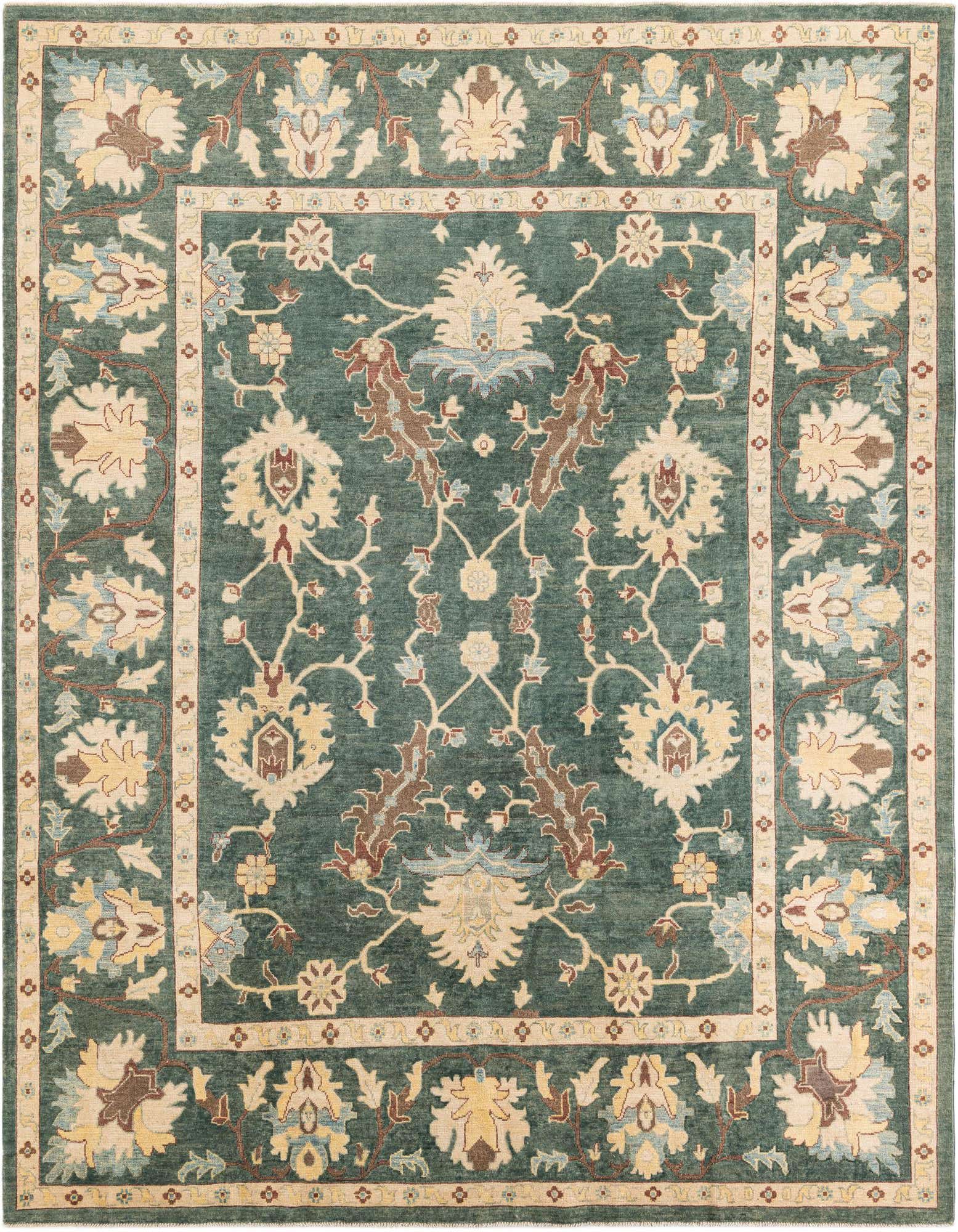 An 8x10 rectangular green Peshawar Ziegler rug with a traditional oriental floral pattern in cream, brown, and light blue.