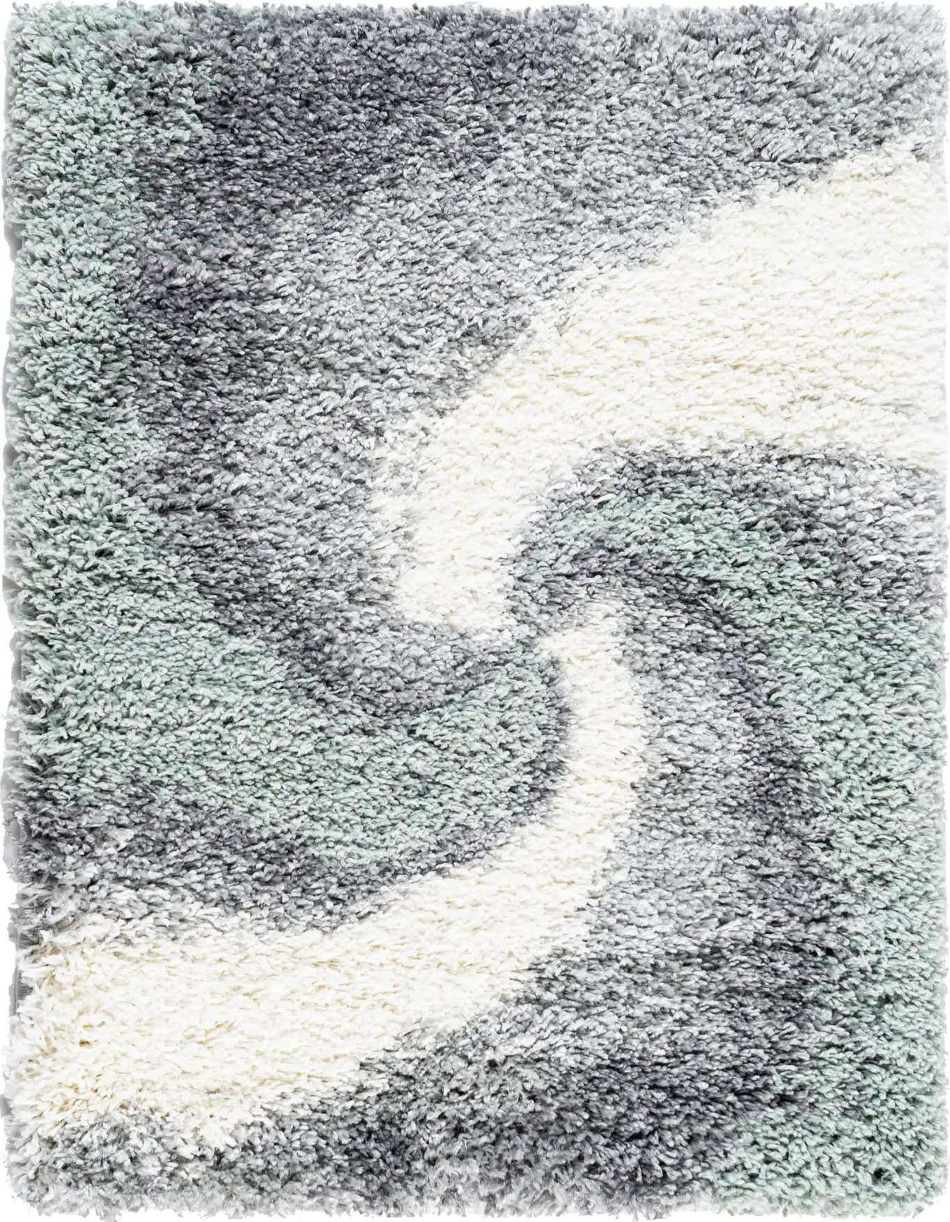 A soft, rectangular 2x3 shag rug with an abstract swirl pattern in shades of green, grey, and white.