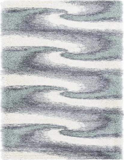 A 13 ft runner rug featuring a plush shag pile with an abstract wavy pattern in varying shades of green, gray, and white.