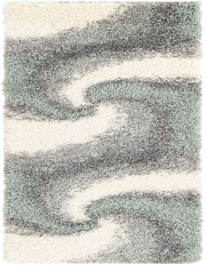A 7 ft runner rug in a modern abstract pattern with soft shag pile, featuring swirls of green, gray, and cream colors.