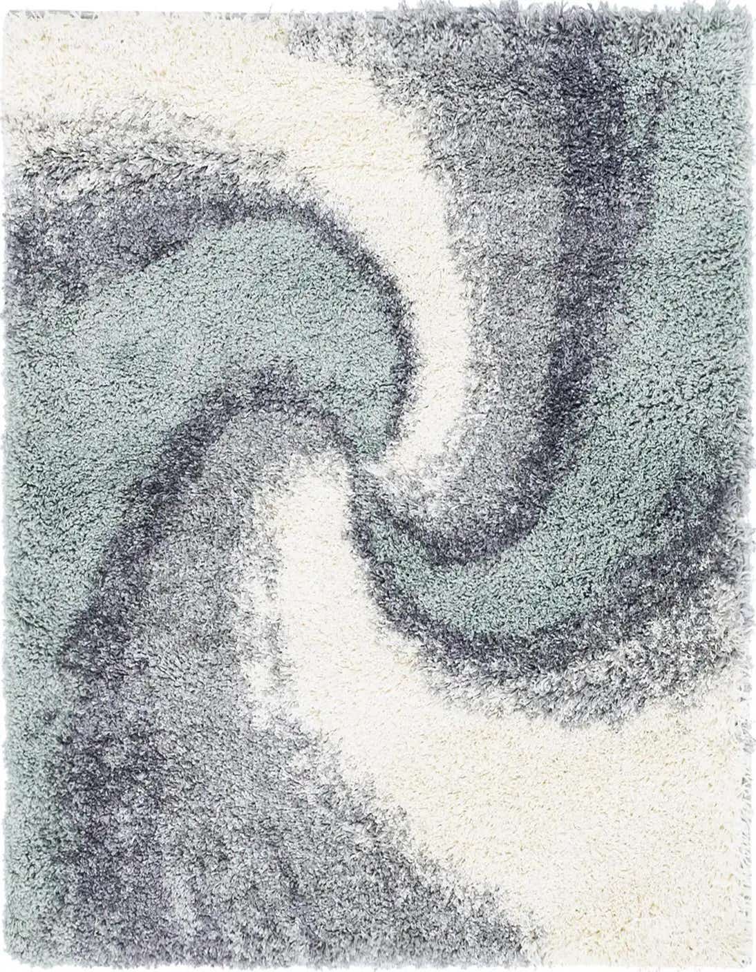 A square green, grey, and white shag rug with a swirling abstract pattern, showcasing its soft, textured pile.