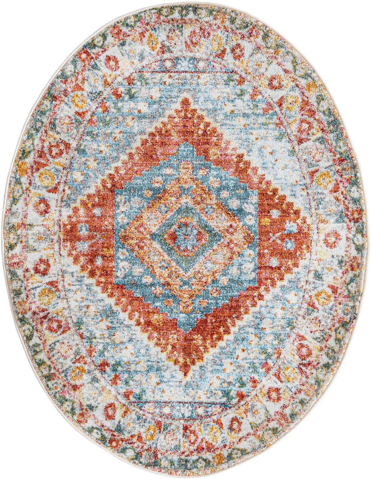 A 3' 3 x 5' 3 oval Paragon rug featuring a distressed Southwestern medallion pattern in oranges, pinks, and blues.