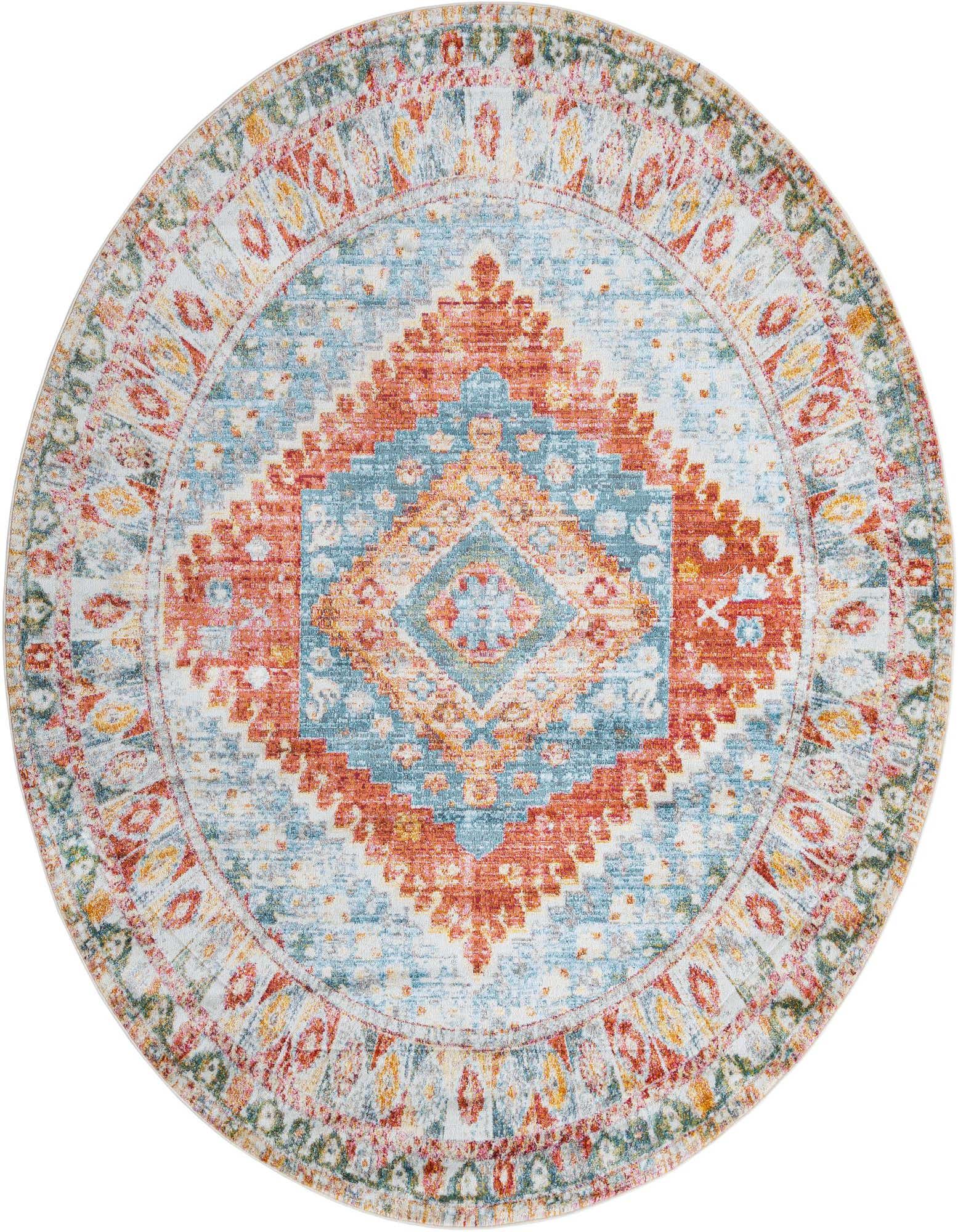 An 8' 2 x 10' 0 oval rug featuring a distressed Southwestern medallion pattern in oranges, pinks, and light blue.