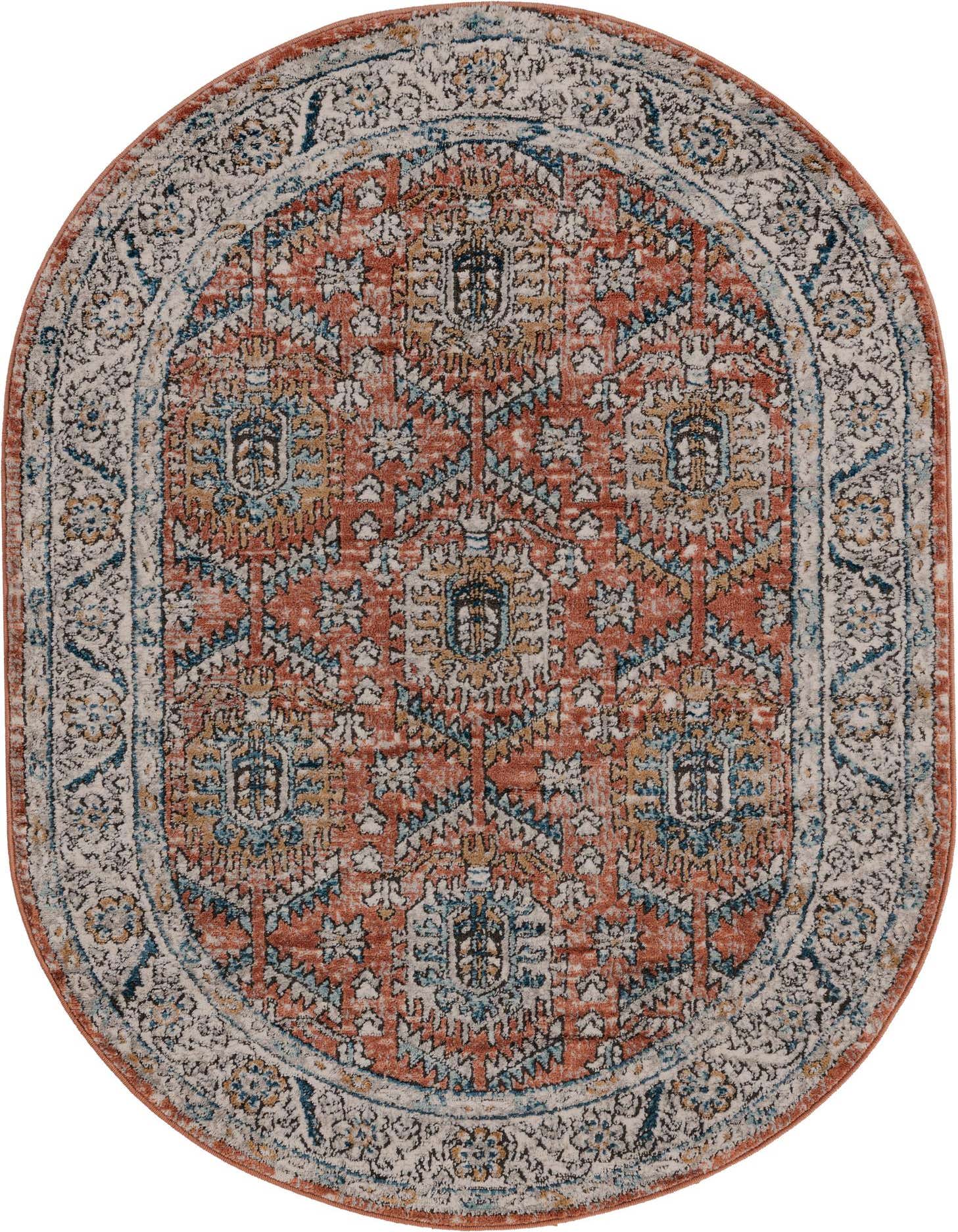 An oval 4'x6' Nyla Collection rug with a distressed traditional medallion pattern in shades of orange, pink, blue, and cream.