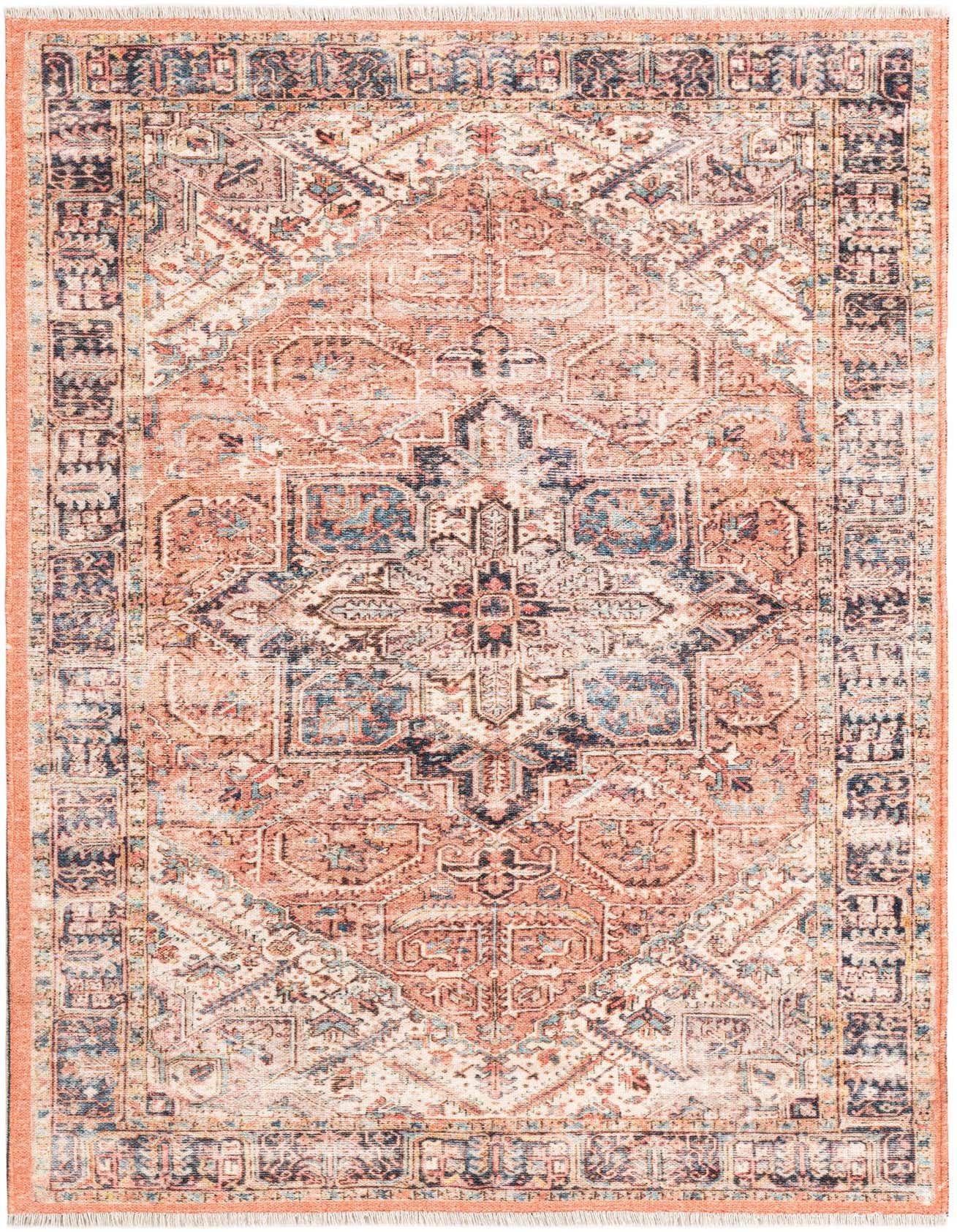 A 4x6 rectangular Boutique collection rug featuring a vintage medallion pattern in shades of orange, pink, and blue.