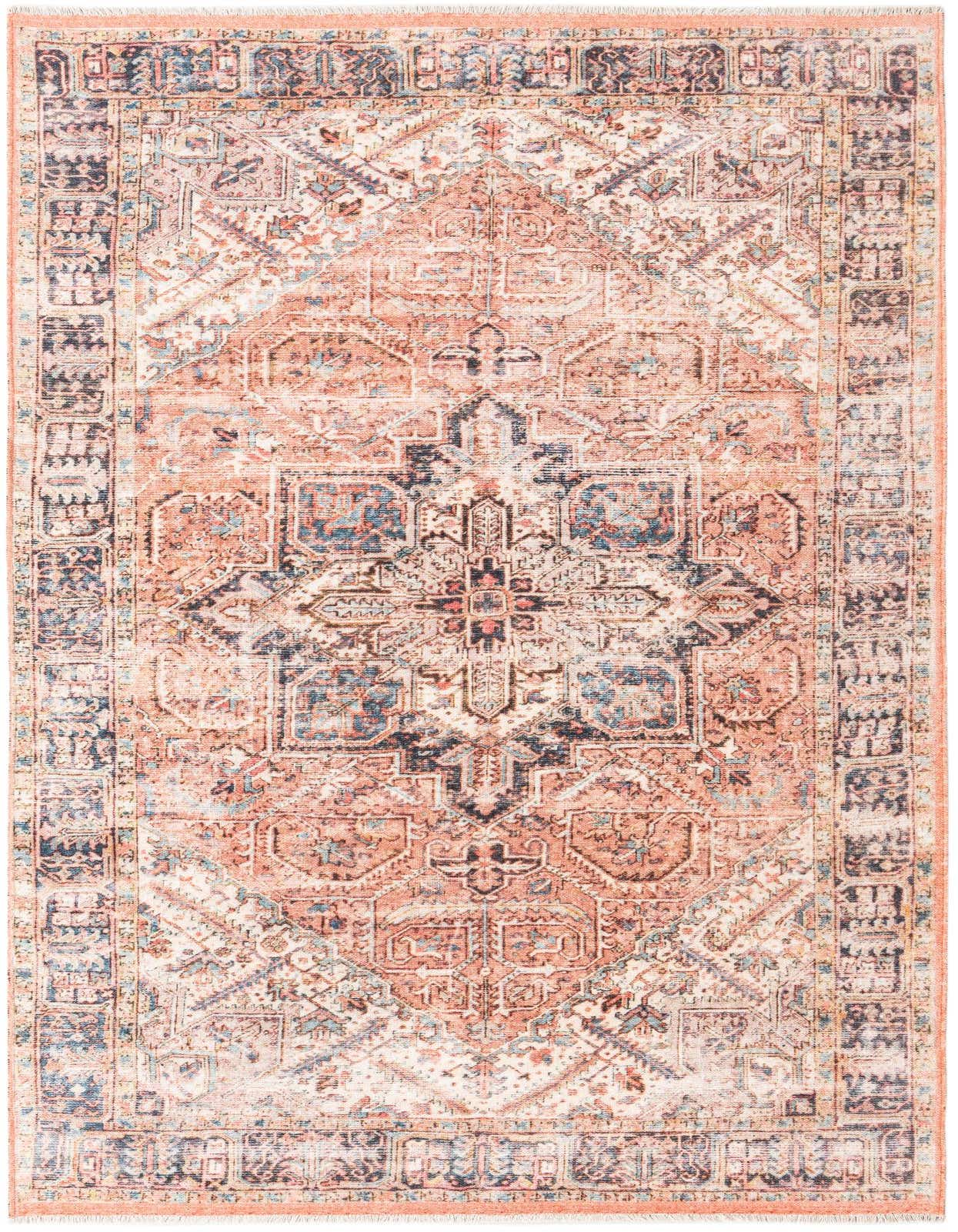 A 5x8 rectangular indoor rug featuring a vintage medallion pattern in shades of orange, pink, and blue.