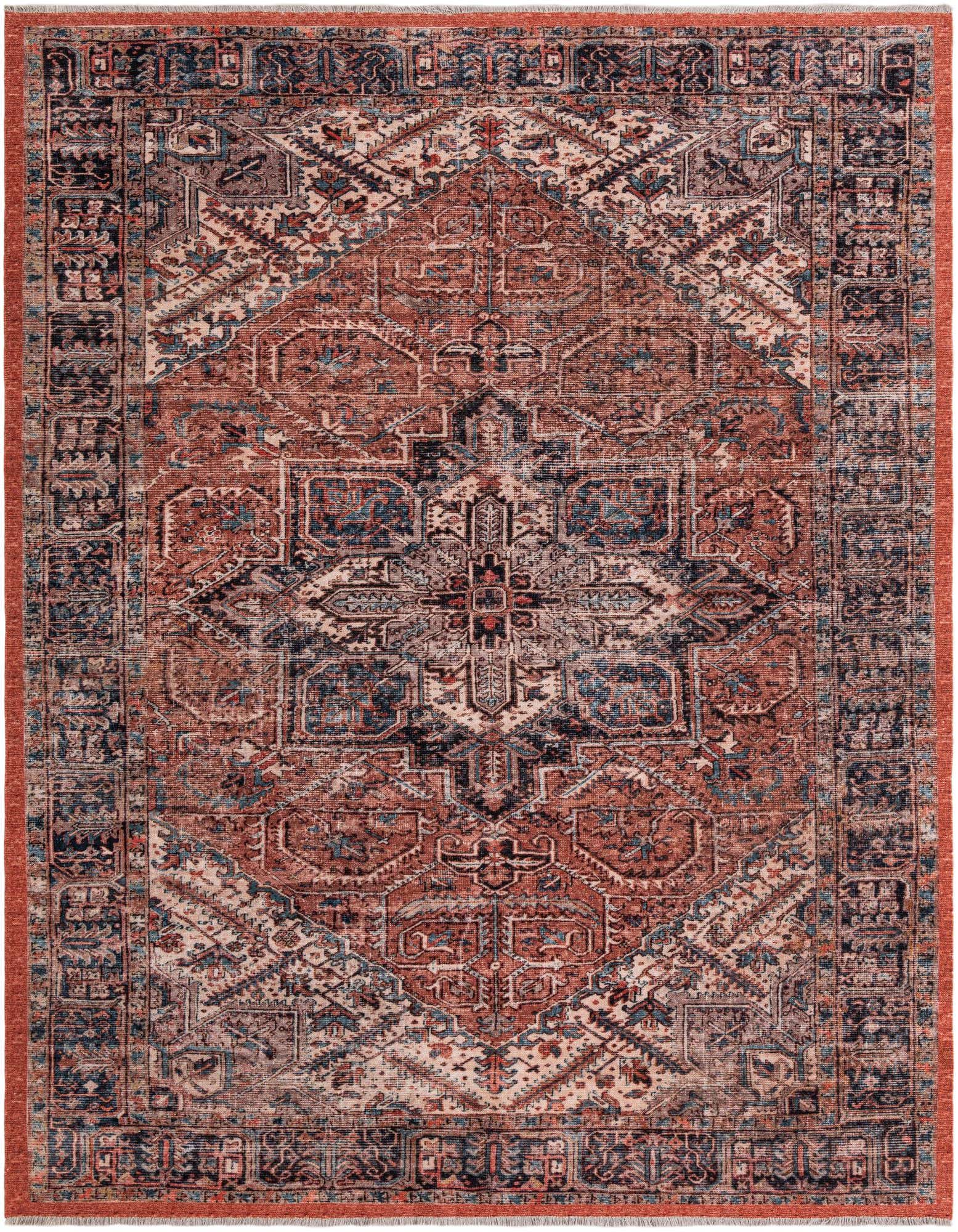 A rectangular 8x10 orange and pink vintage medallion rug with intricate traditional patterns, suitable for a living room.