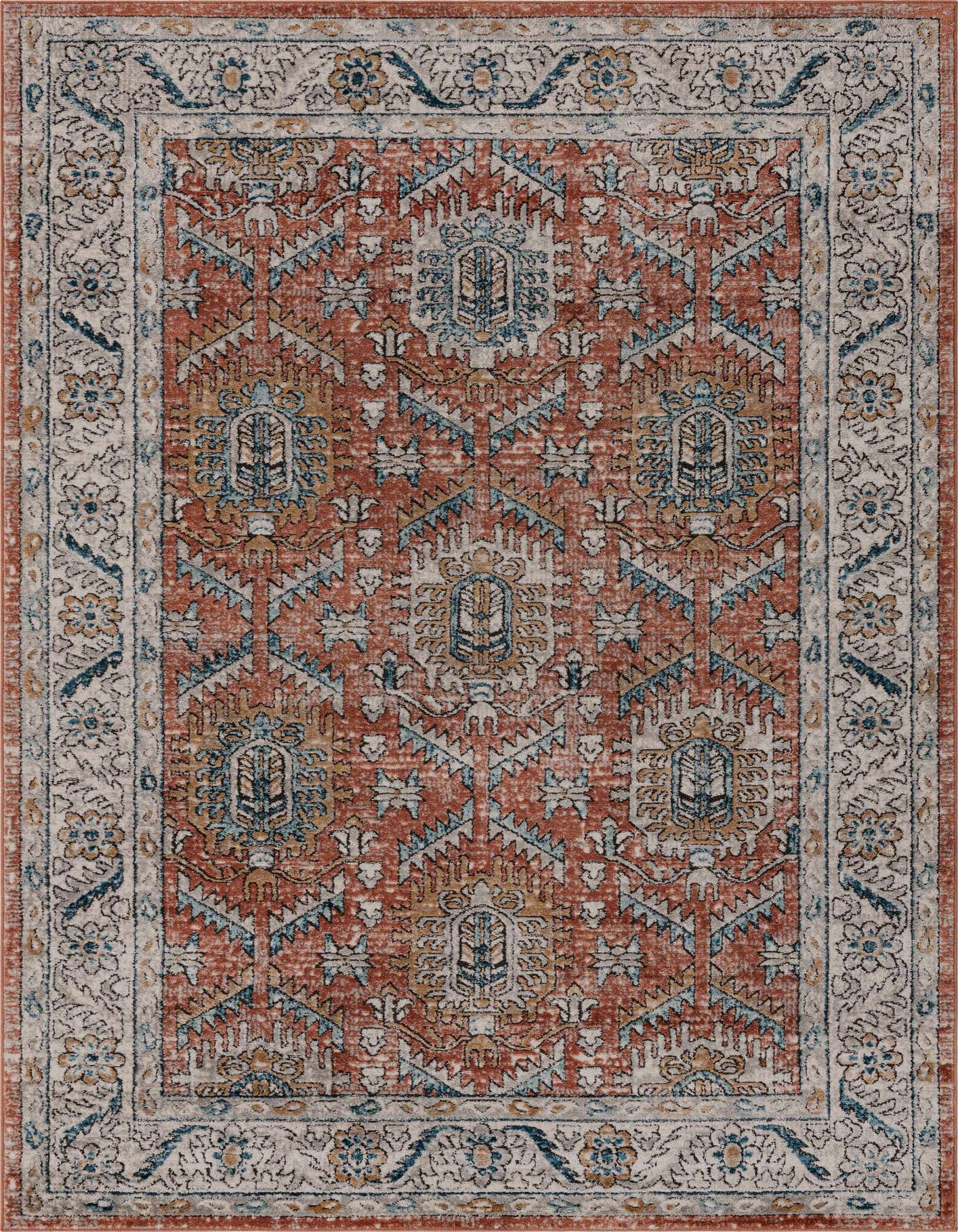 A 6x9 rectangular Nyla rug featuring a traditional medallion pattern in distressed oranges, pinks, and blues with a light border.