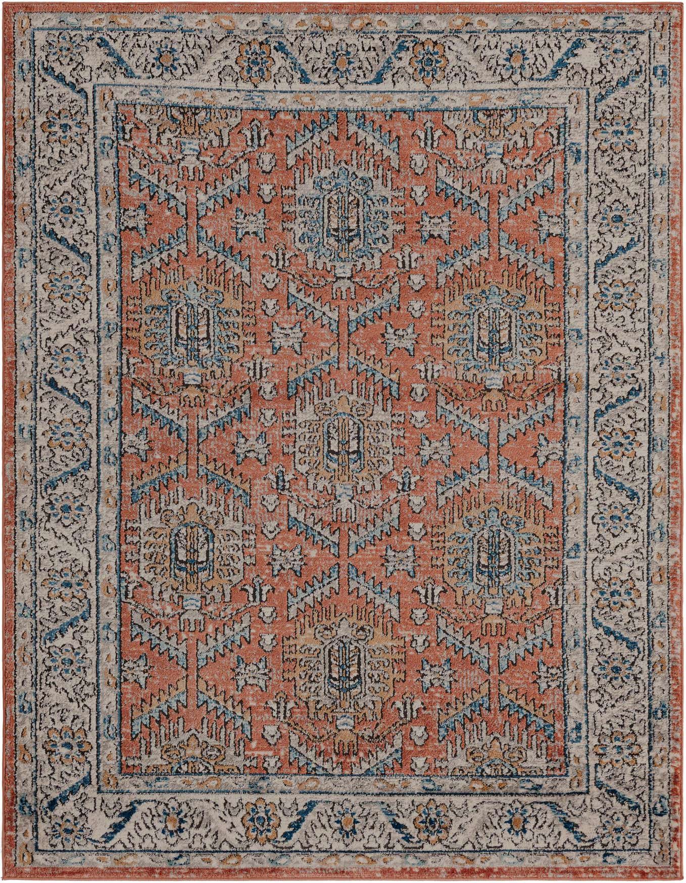 A 5x8 rectangular Nyla rug featuring a distressed traditional medallion pattern in shades of orange, pink, blue, and cream.