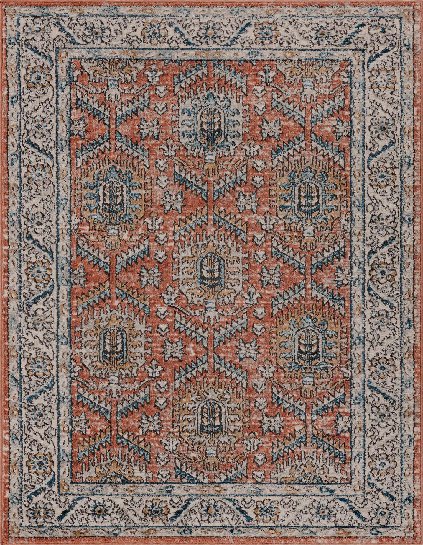 A 4x6 rectangular Nyla rug featuring a distressed traditional medallion pattern in shades of orange, pink, blue, and cream.