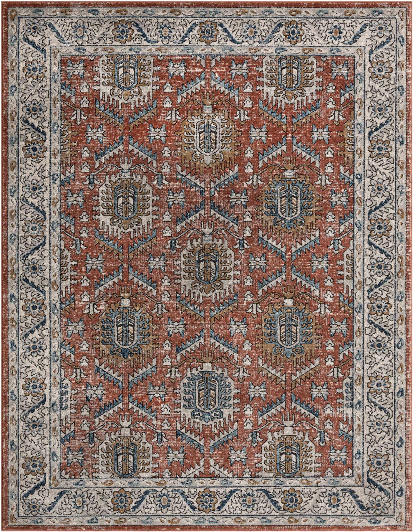 A rectangular 7x10 Nyla rug featuring a distressed traditional pattern in shades of orange, pink, blue, and cream.