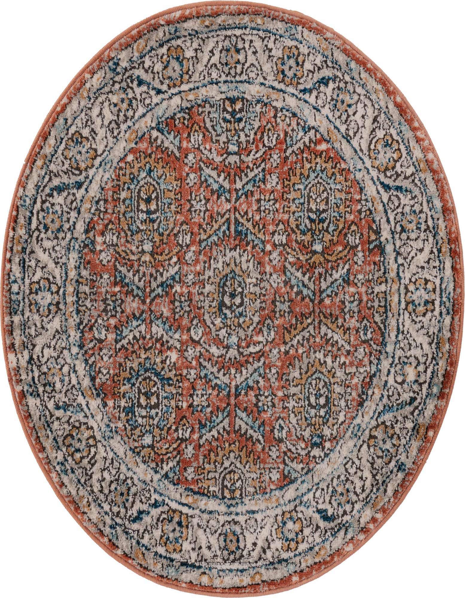 A 3' 3 round Nyla rug featuring a traditional medallion pattern in distressed oranges, pinks, and blues.