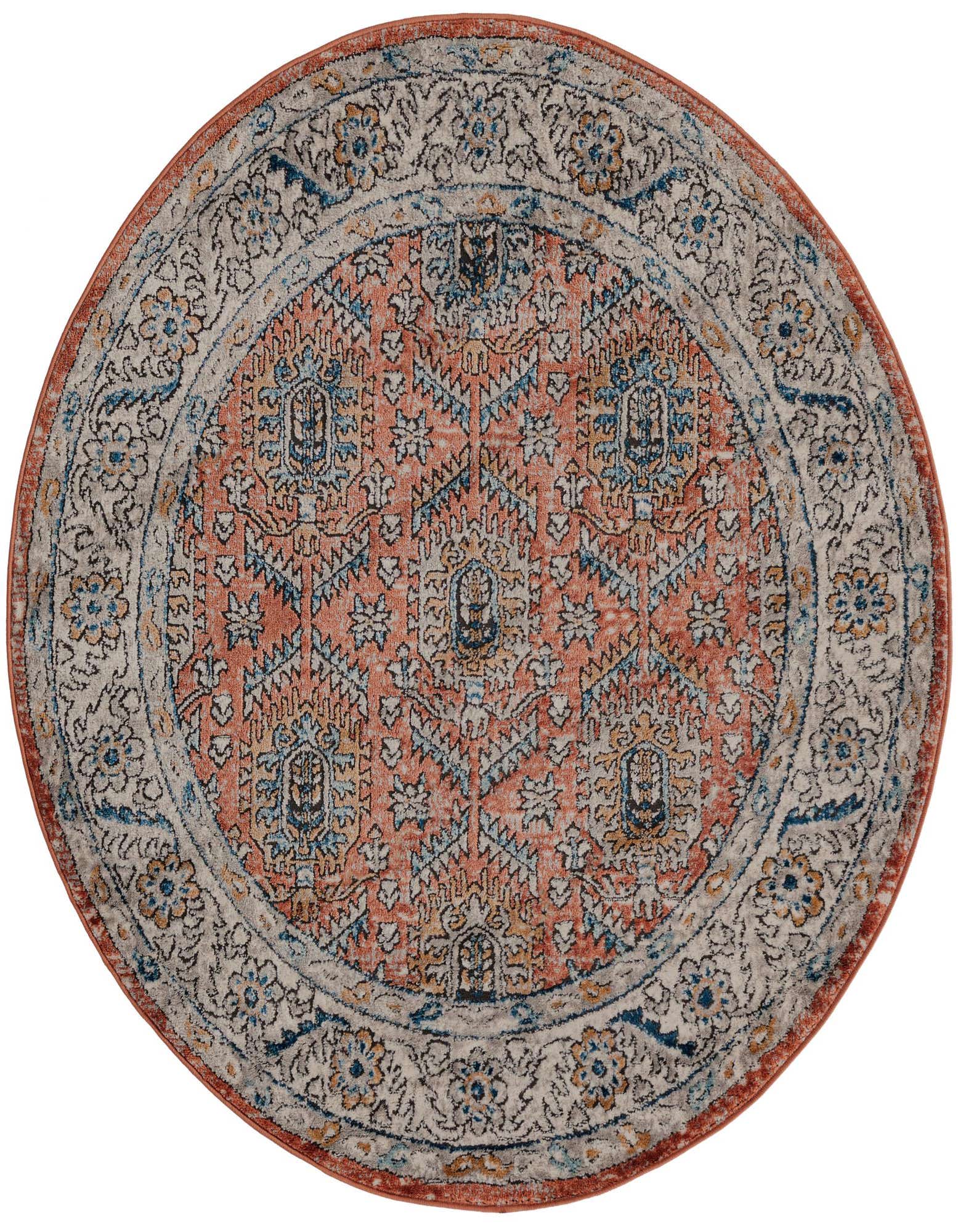 A round 5' 3 x 5' 3 Nyla rug with a distressed traditional medallion pattern in shades of orange, pink, blue, and cream.