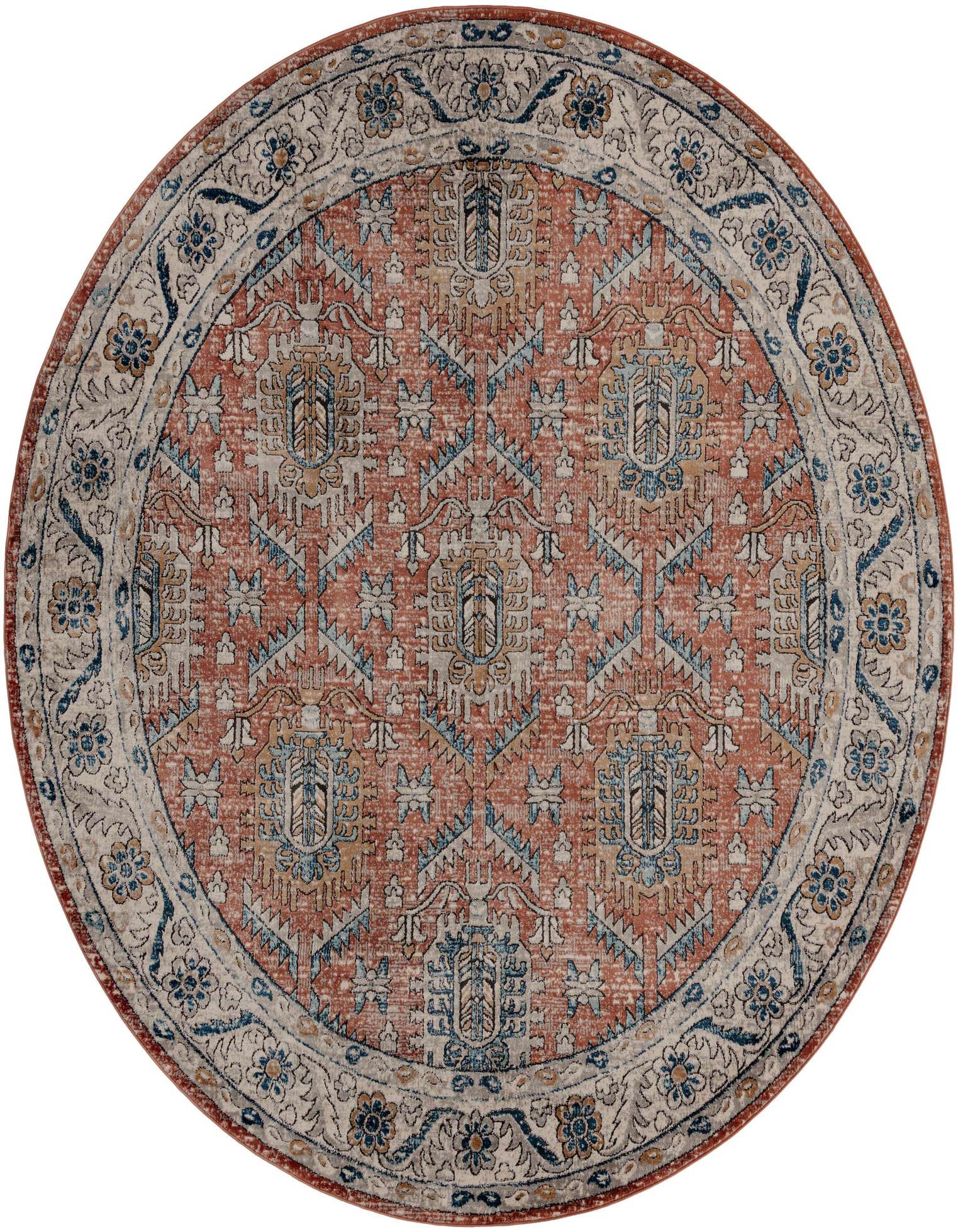 A 10-foot round Nyla rug featuring a traditional medallion pattern in distressed oranges, pinks, and blues with a decorative border.