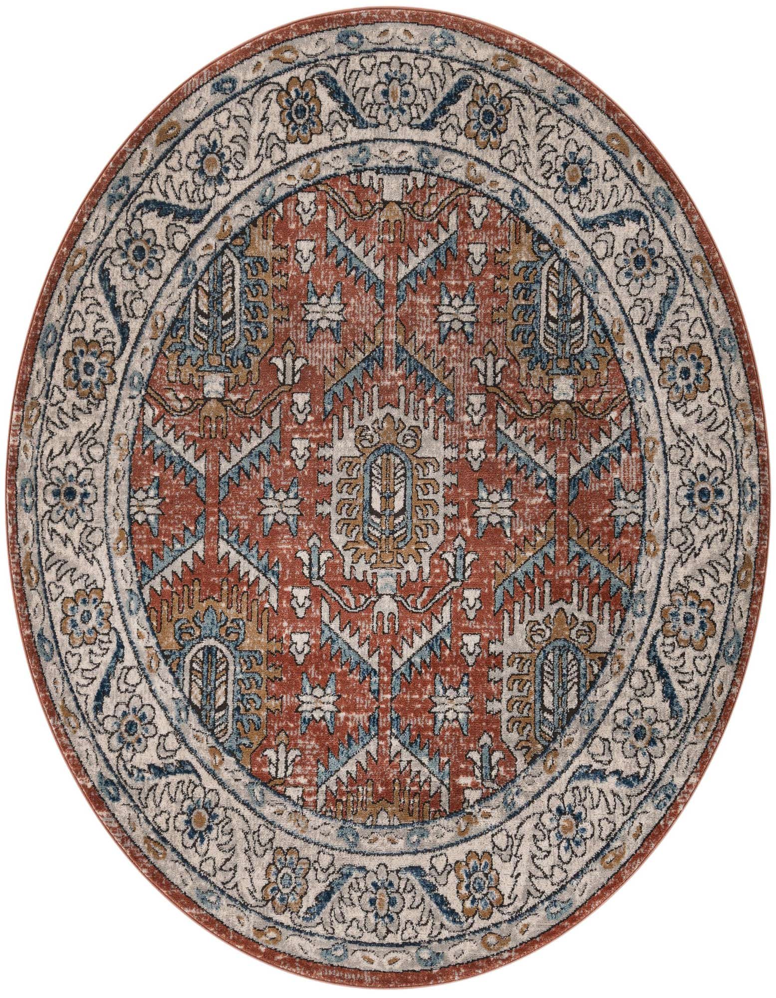 A 6' 0 x 6' 0 round Nyla rug featuring a distressed orange and pink medallion pattern with blue and cream accents.