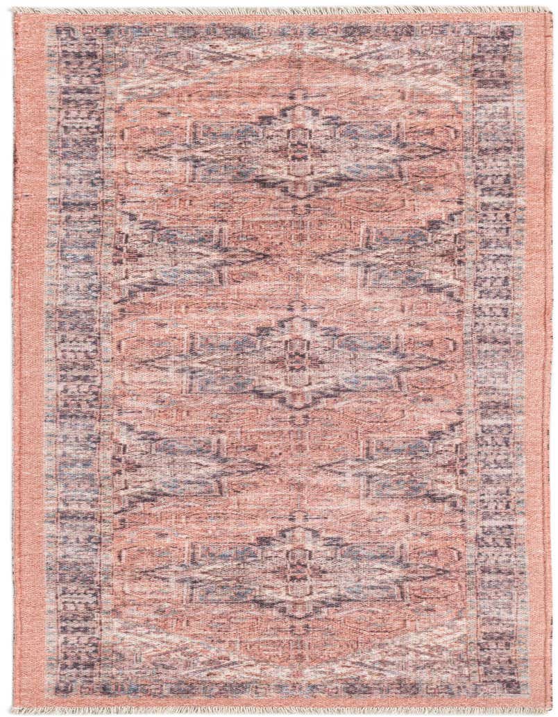 A 5 ft runner rug in shades of orange and pink with a vintage traditional medallion pattern, ideal for a hallway.