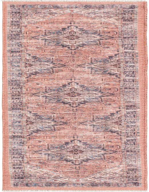 An 8 ft runner rug in shades of orange and pink with a vintage traditional medallion pattern, ideal for a hallway.
