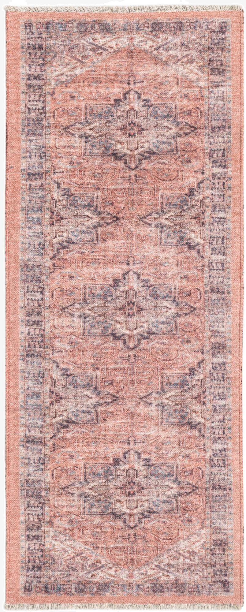 A 5 ft runner rug in shades of orange and pink with a vintage traditional medallion pattern, ideal for a hallway.