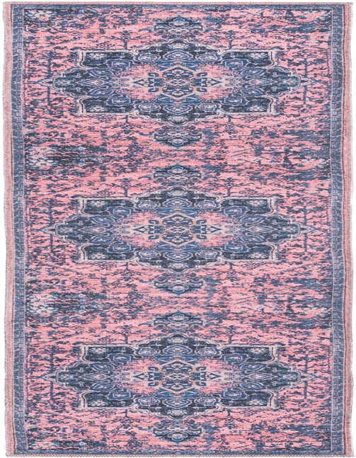 A long 8 ft runner rug with a distressed traditional medallion pattern in shades of pink and navy blue, suitable for a hallway.