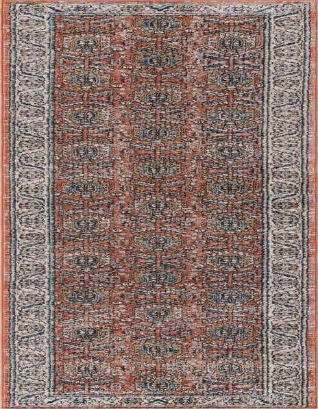 A 12 ft Nyla runner rug with a distressed traditional medallion pattern in shades of orange, pink, blue, and cream, perfect for a hallway.