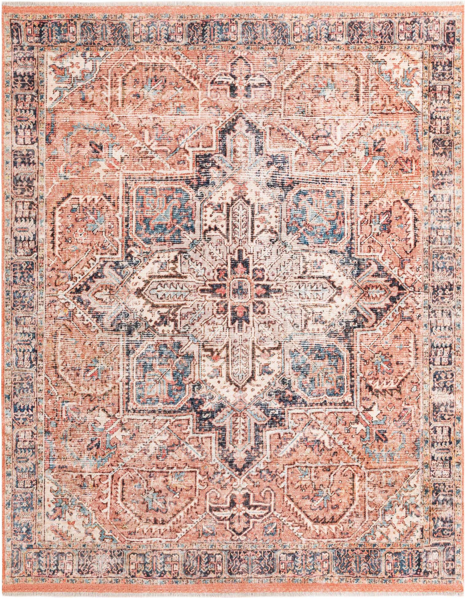 A square 7' 10 x 7' 10 vintage medallion rug in distressed oranges, pinks, and blues, perfect for an indoor living space.