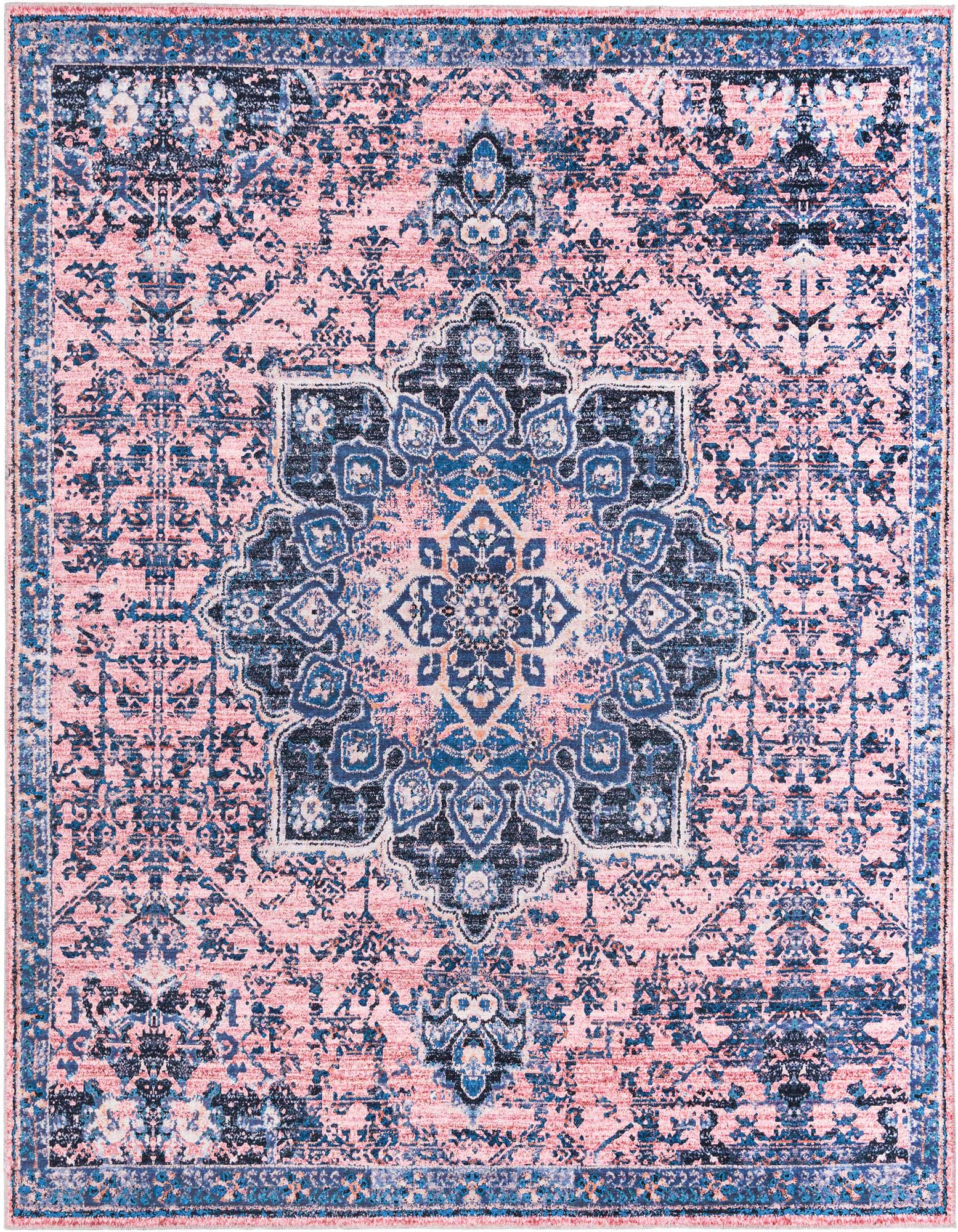 A 10' 6 x 10' 6 square Francesca rug featuring a distressed traditional medallion pattern in shades of orange and pink.
