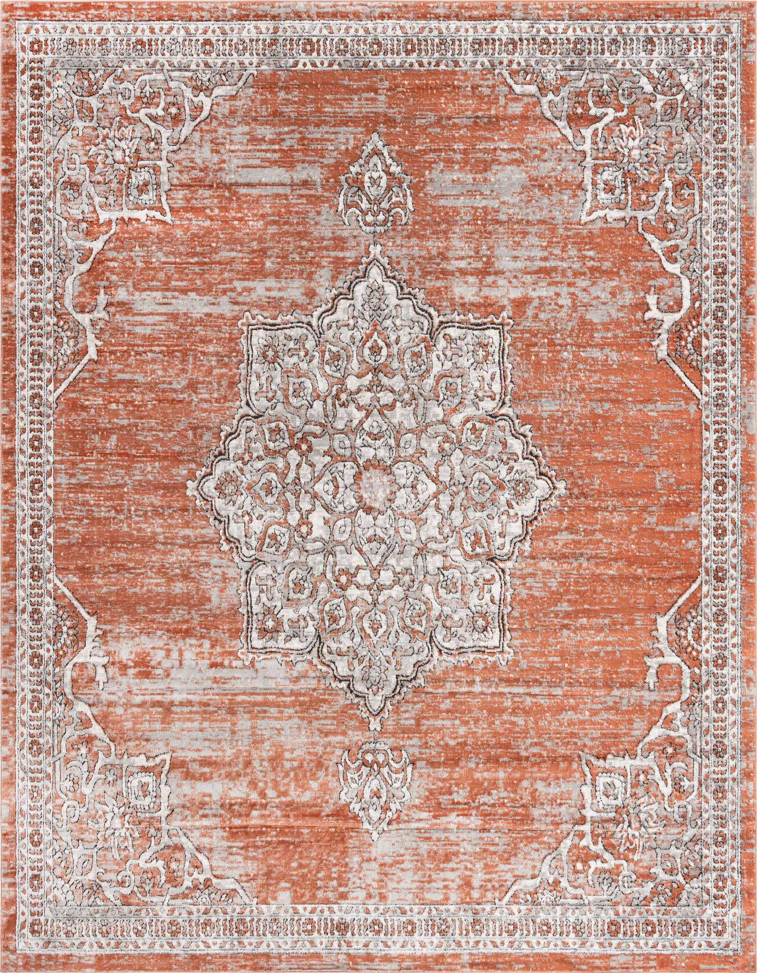 A large 11' 10" square orange and pink traditional medallion rug with a vintage distressed look.