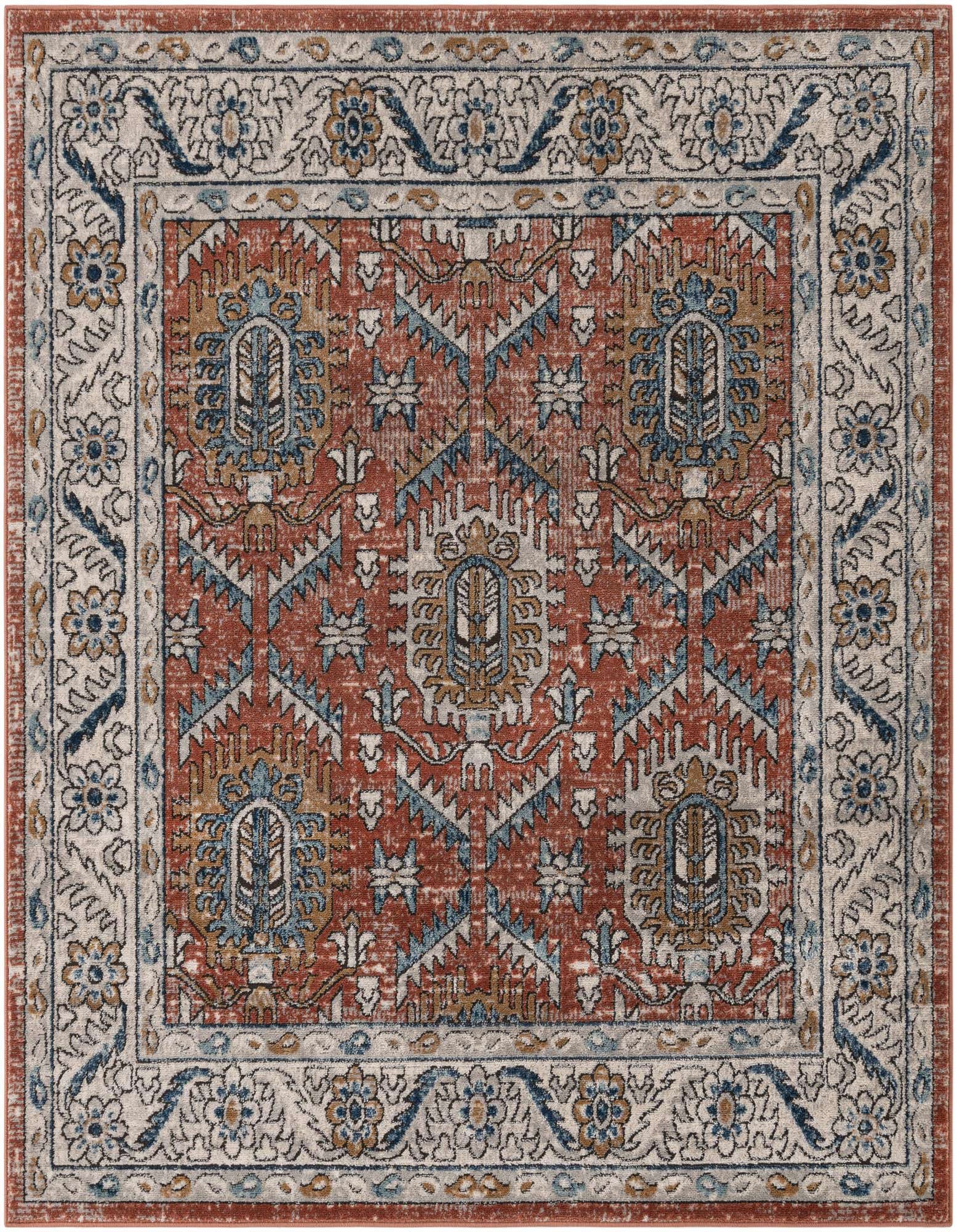 A 6'x6' square indoor rug with a distressed orange and pink geometric pattern and a light border.