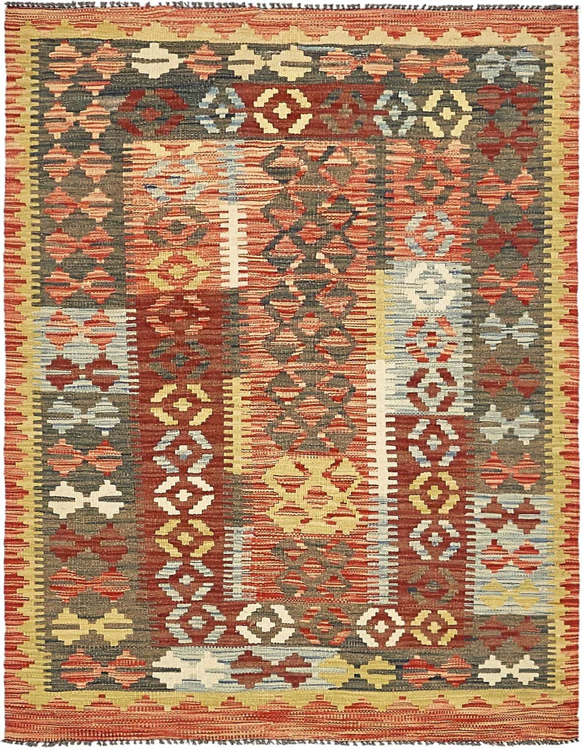 A 3x5 rectangular Kilim Maymana wool rug featuring a traditional tribal pattern in oranges, pinks, blues, and creams.