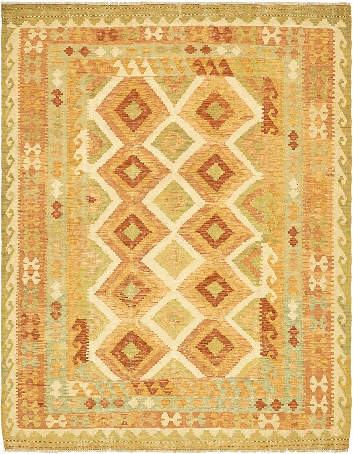 A 5x7 rectangular Kilim Waziri rug featuring a traditional tribal pattern in shades of orange, pink, and cream.