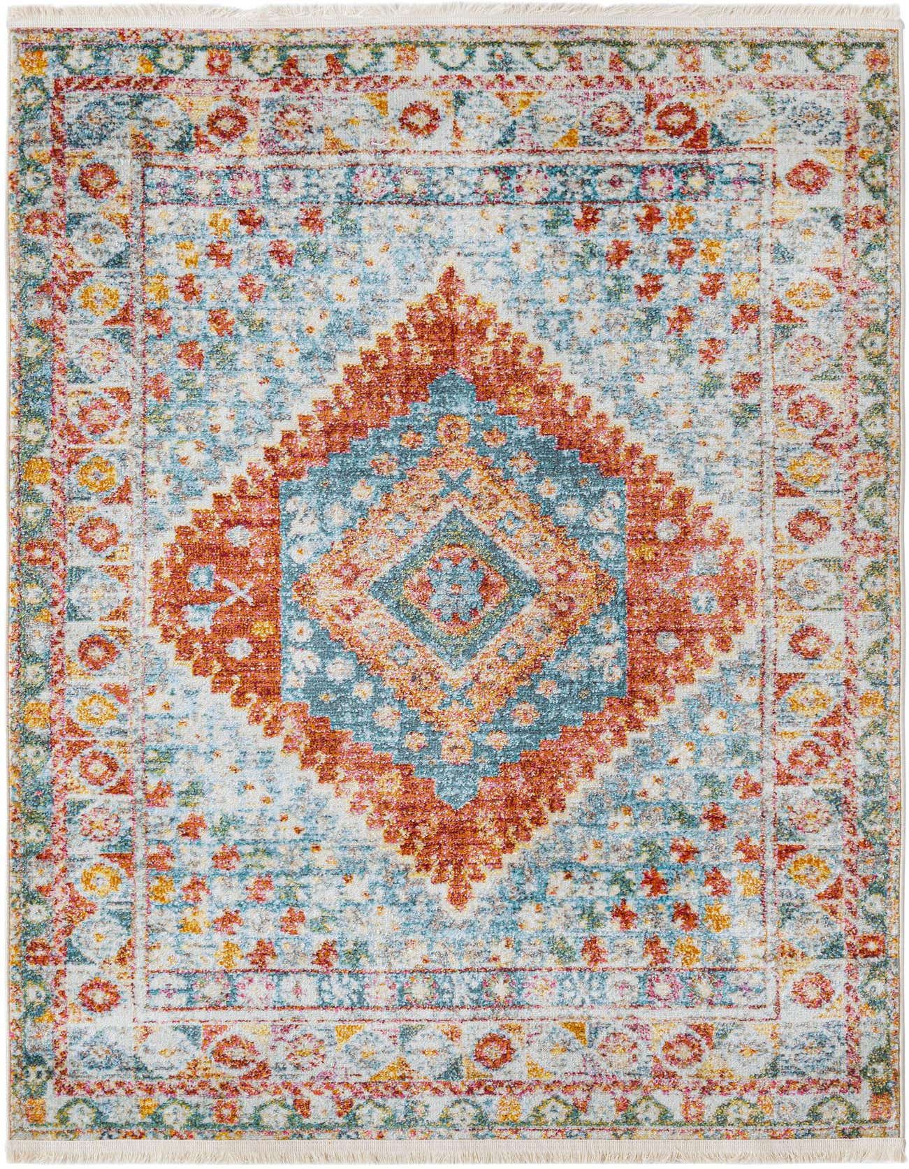 A 4x6 rectangular Southwestern rug featuring a distressed medallion pattern in vibrant oranges, pinks, and blues on a light background, with fringe.