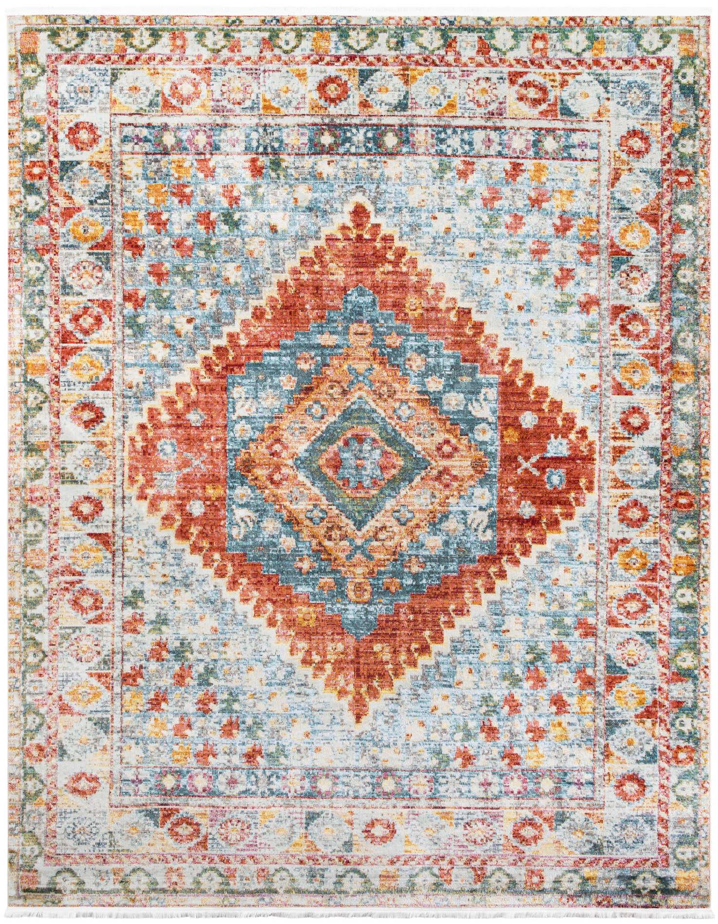 A 10x13 rectangular Southwestern rug featuring a distressed medallion pattern in oranges, pinks, and blues on a light background.