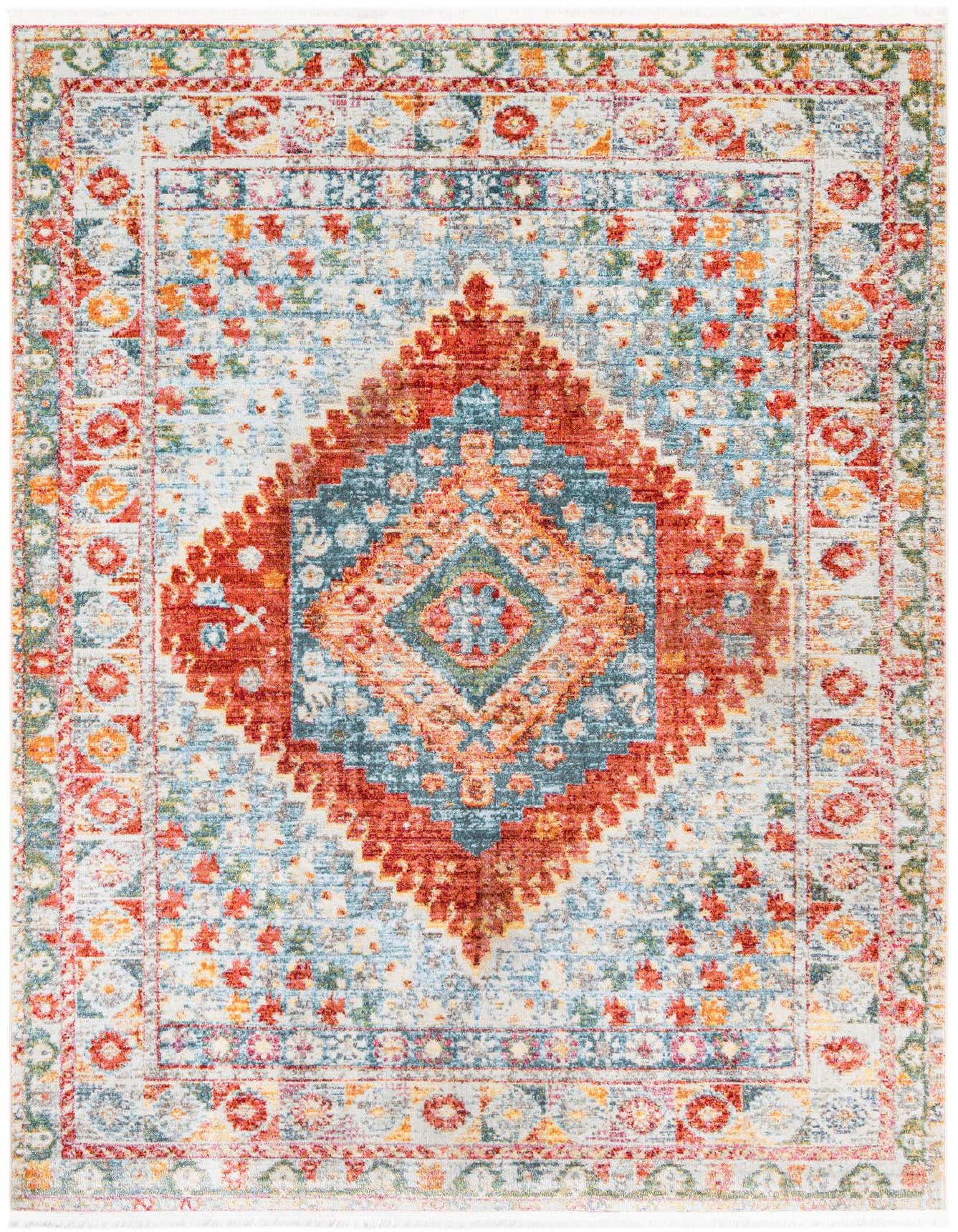 A rectangular 7x10 Paragon rug featuring a distressed Southwestern medallion pattern in oranges, pinks, blues, and creams.