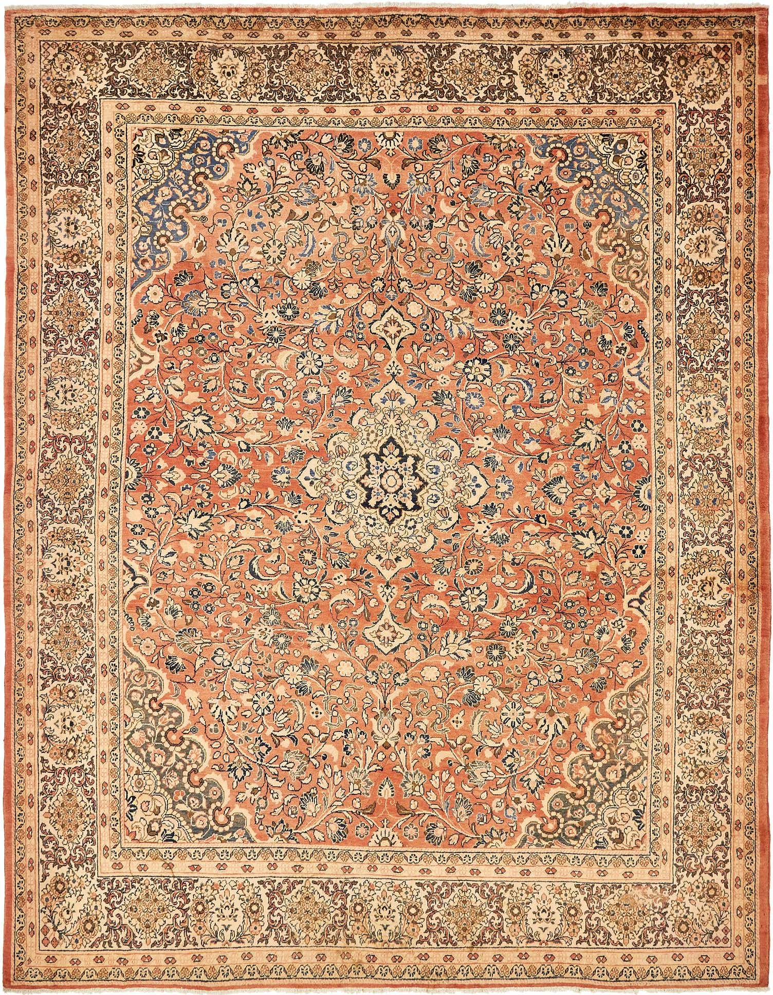 A large 10x14 rectangular Persian Sarough rug in warm orange and pink tones with an intricate botanical medallion pattern.