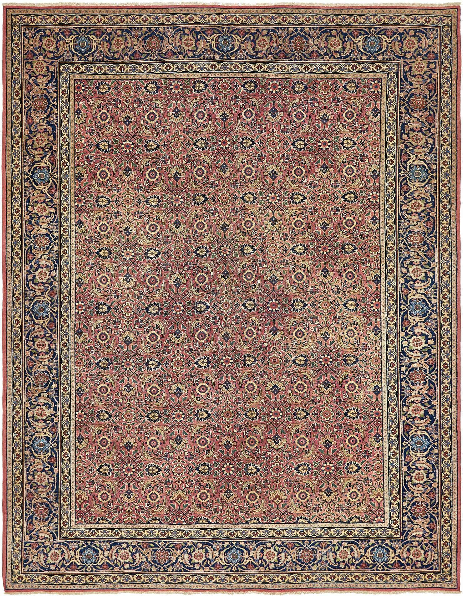 An 8x11 rectangular Persian Sarough rug featuring a traditional floral pattern in oranges and pinks with a navy border.