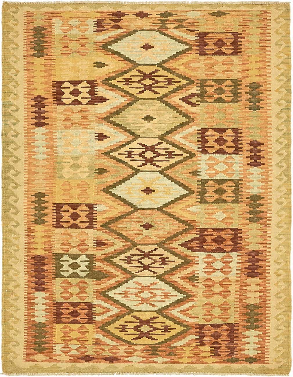 A 7 Ft runner rug in a tribal, oriental pattern with shades of orange, pink, brown, and green, featuring geometric diamonds and motifs, ideal for a hallway.
