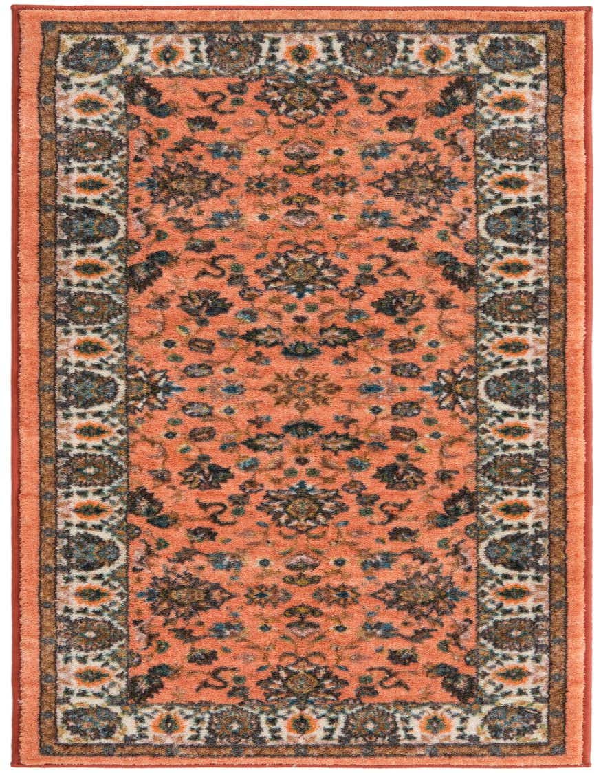 A 5 ft runner rug in shades of orange and pink with a traditional floral and oriental pattern, ideal for a hallway.