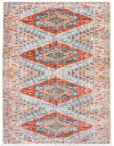 A 13 ft runner rug featuring a distressed Southwestern medallion pattern in shades of orange, pink, and light blue.