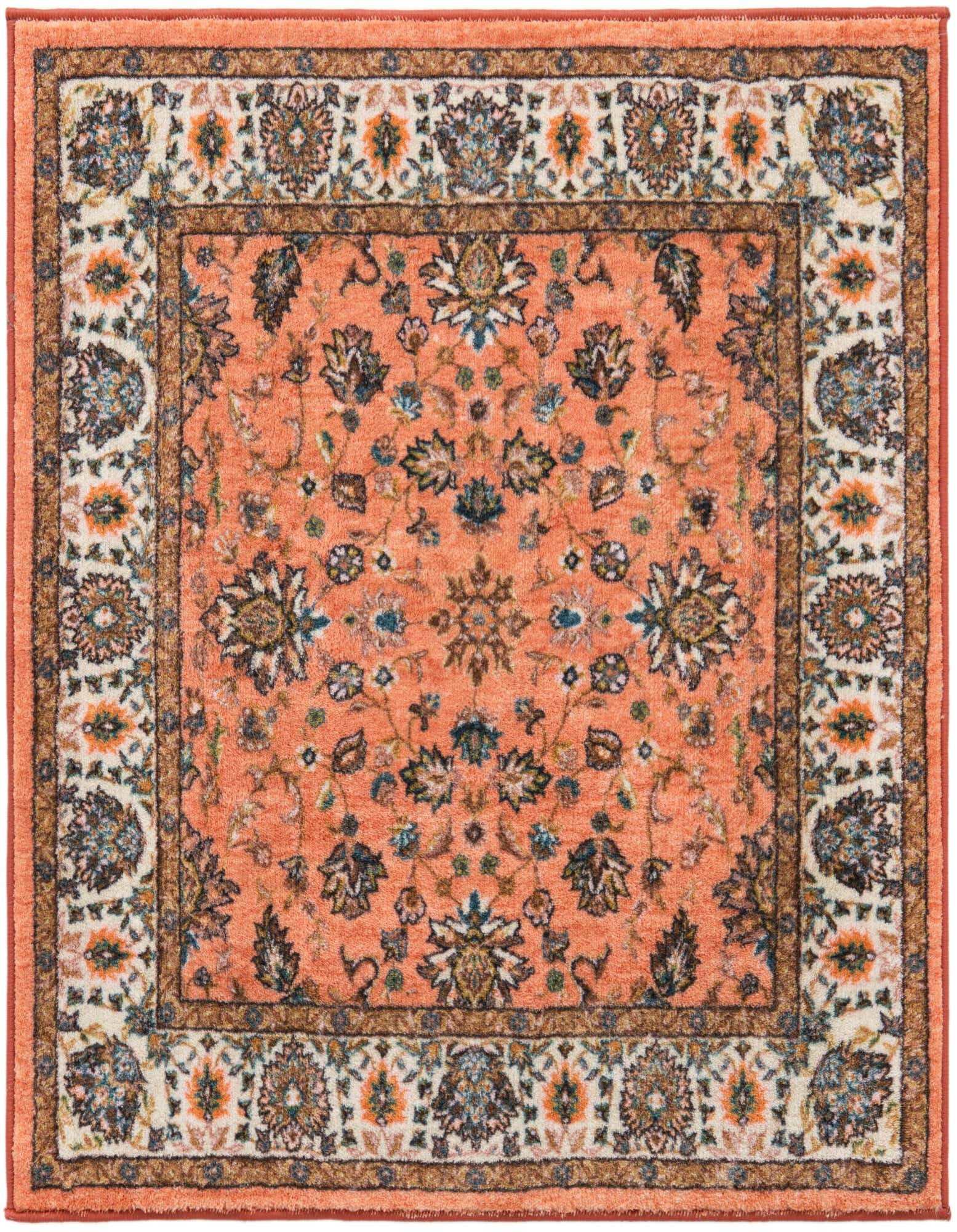 A 3' 3 x 3' 3 square orange traditional rug with an intricate floral and medallion pattern and a cream border.