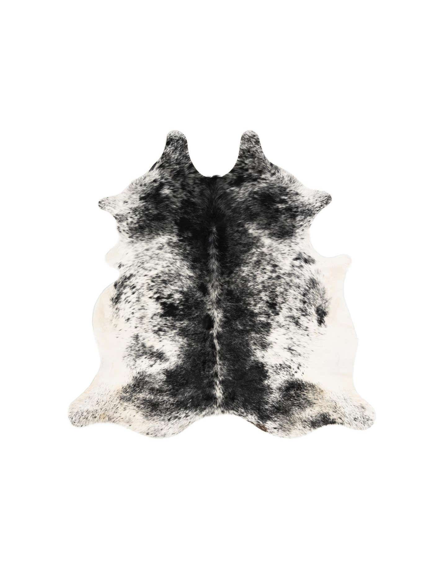 A 5x7 rectangular cowhide rug featuring a natural black and white speckled pattern, ideal for a modern living room.
